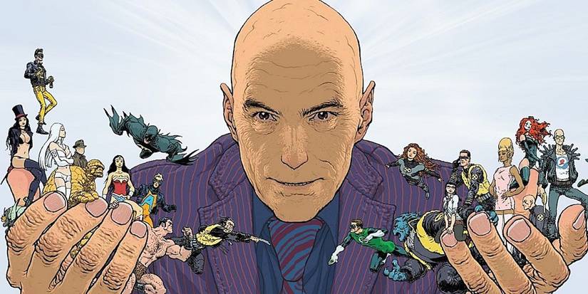 Featued Image: Frank Quitely portrait of Grant Morrison golding DC & Marvel Comics characters in their hands