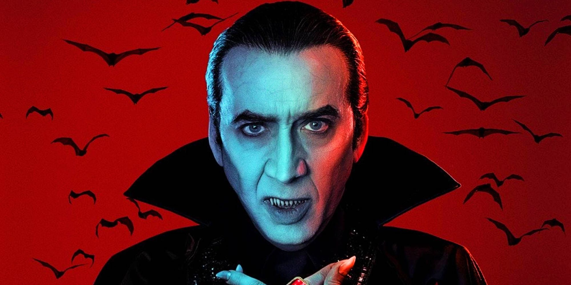 Nicolas Cage as Dracula in Renfield with bats in the background