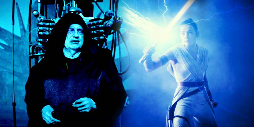 Palpatine hooked up to a machine in The Rise of Skywalker to the left and Rey holding up her blue lightsaber to the right in a combined image