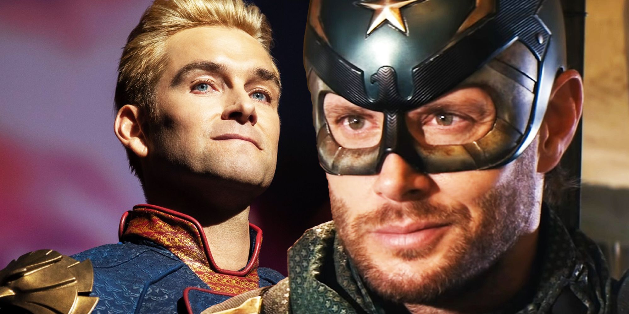 Anthony Starr looking menacing as Homelander and Jensen Ackles smiling as Soldier Boy in The Boys