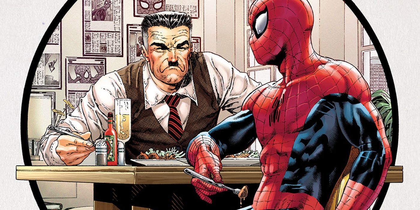 Spider-Man sits across a lunch table from a begrudging-looking J. Jonah Jameson.