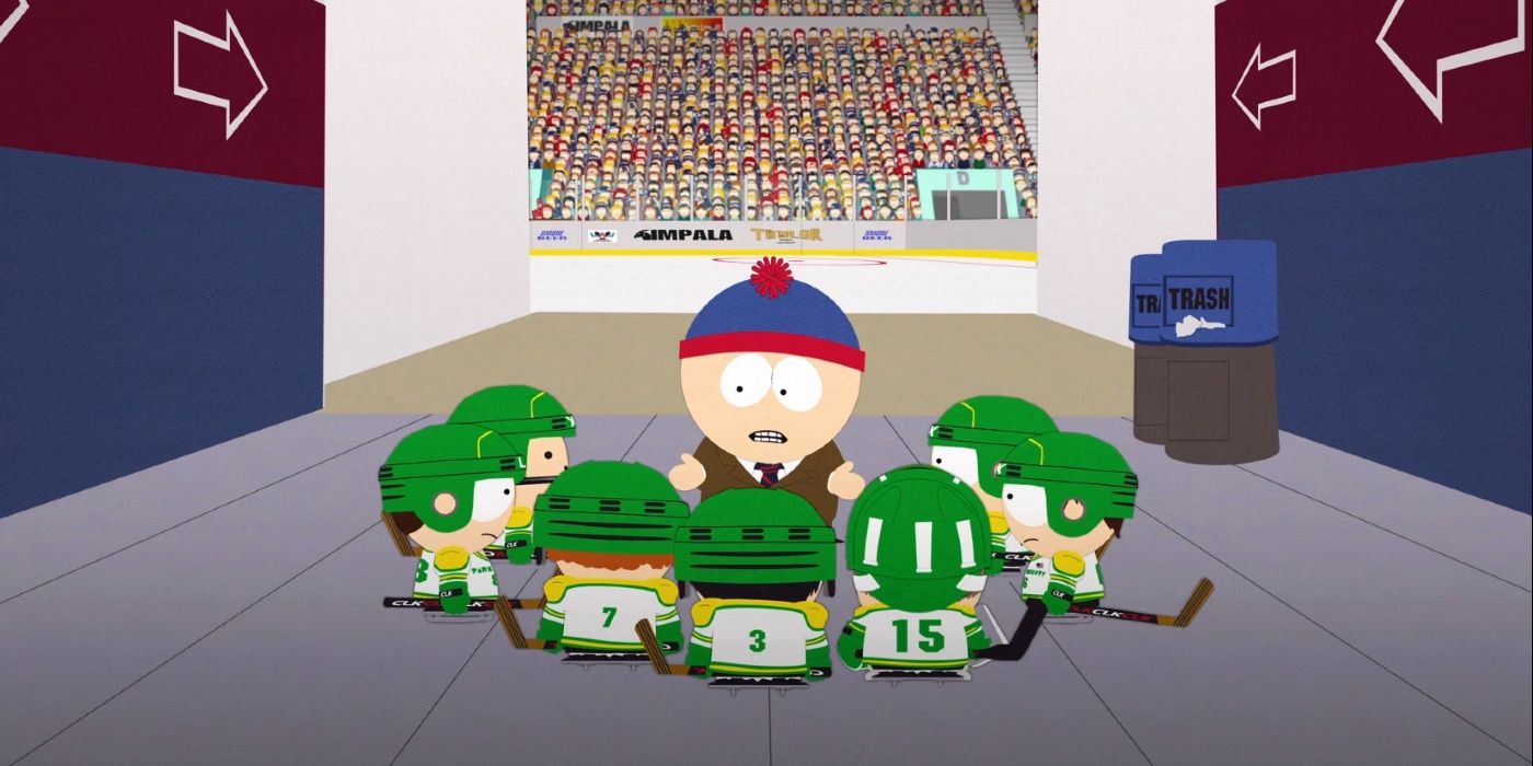 Stan talking to his hockey team on South Park 
