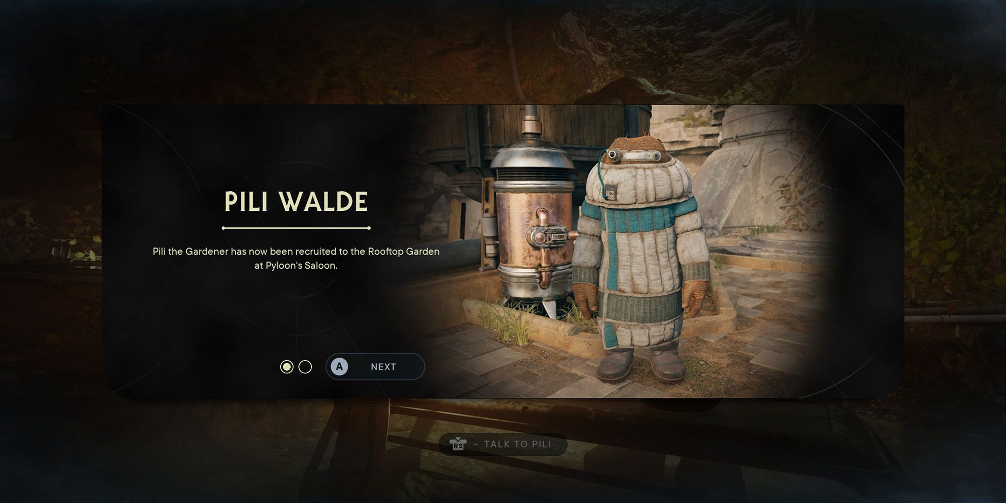 screenshot from the game star wars jedi survivor of the screen that shows when players unlock the gardener npc pili walde