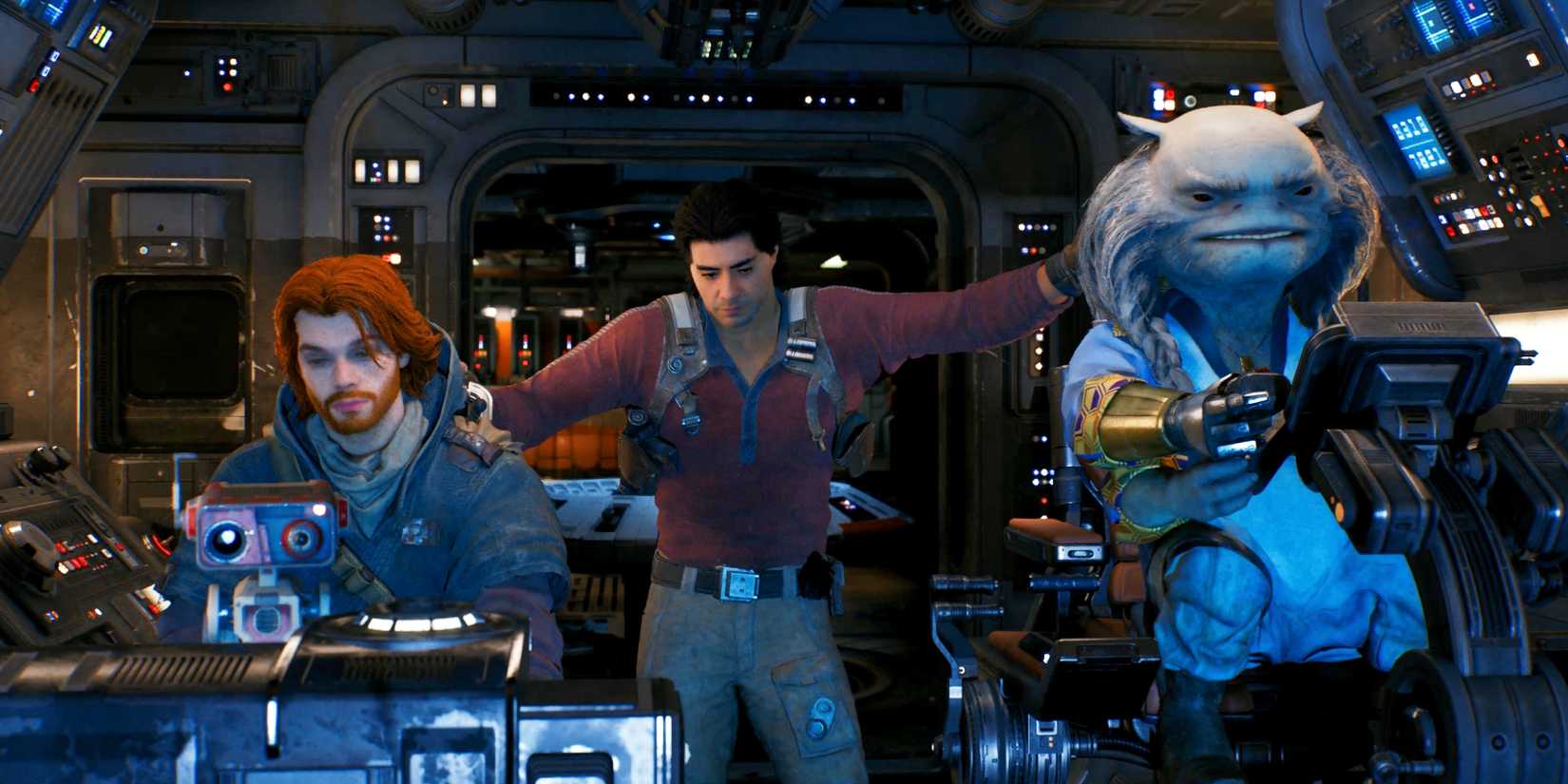 Star Wars Jedi: Survivor cutscene screenshot showing, from left to right, BD-1, Cal, Bode, and Greez all in the cockpit of the Stinger Mantis.