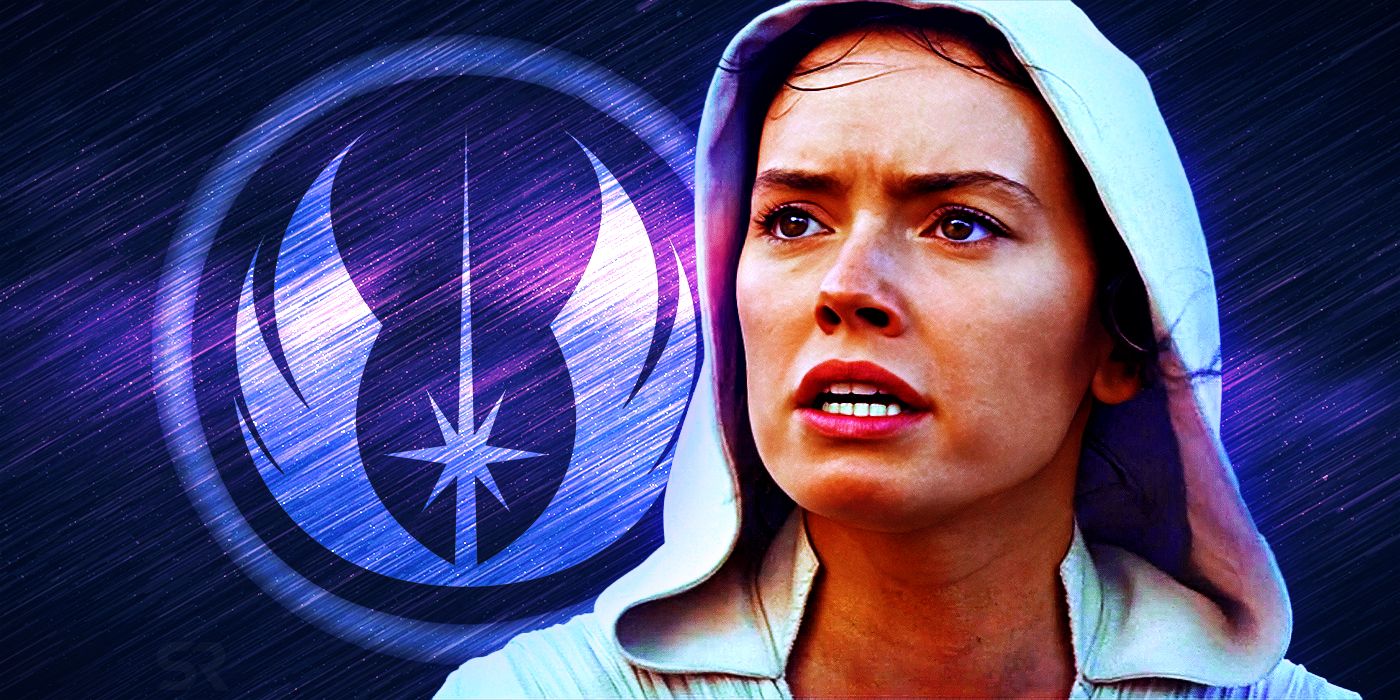 Rey looking distressed in front of a purple background with the Jedi symbol