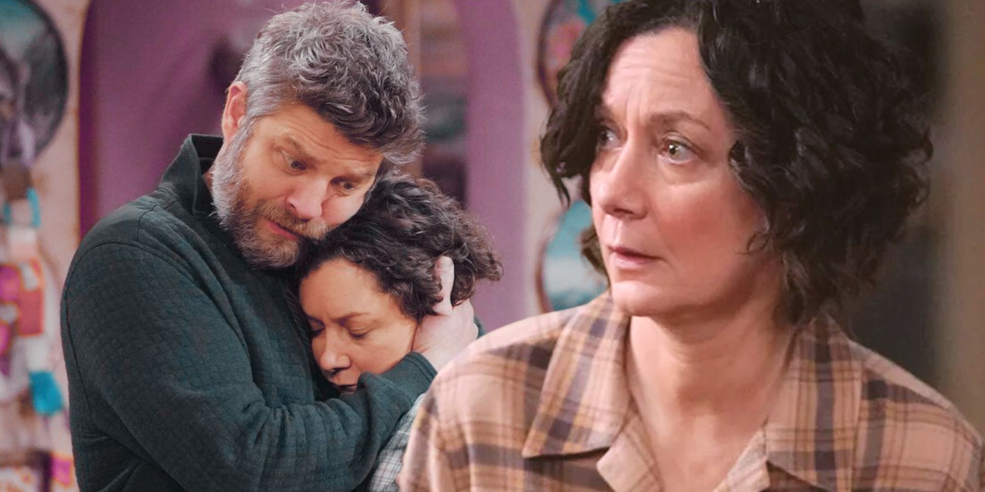 Split image of Ben and Darlene embracing in The Conners alongside a closeup of Darlene