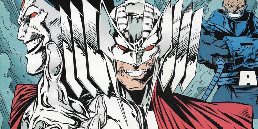 Stryfe, a foe of the X-Men, smiles menacingly, Apocalypse standing to his back right. 
