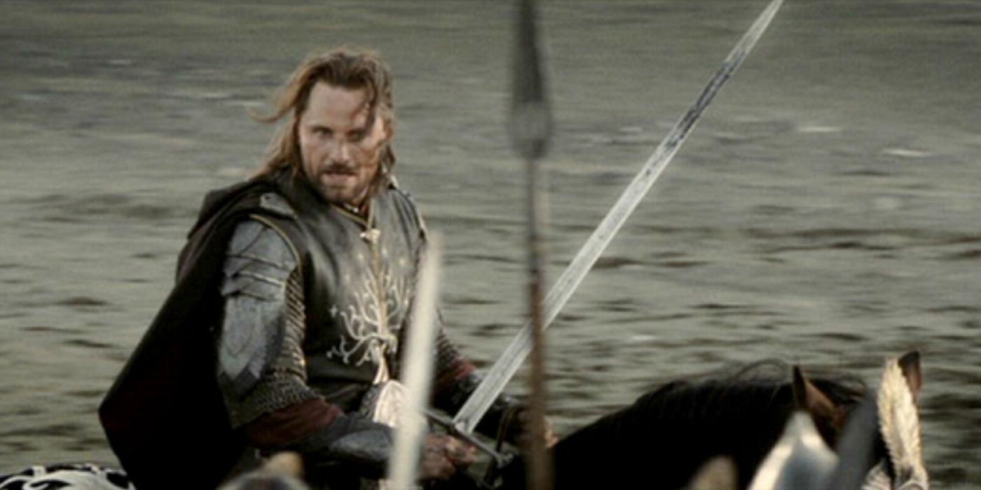 Aragorn with a Sword at the Black Gate in The Lord of the Rings: The Return of the King.