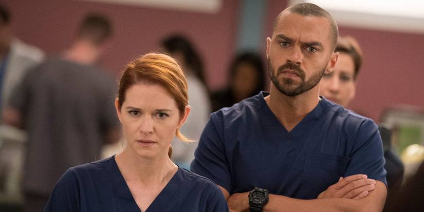 An image of April and Jackson looking serious in Grey's Anatomy