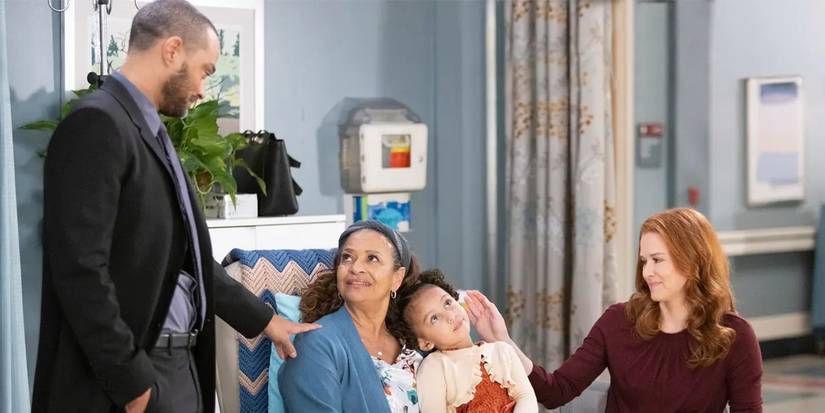 An image of April and Jackson talking to Catherine in Grey's Anatomy