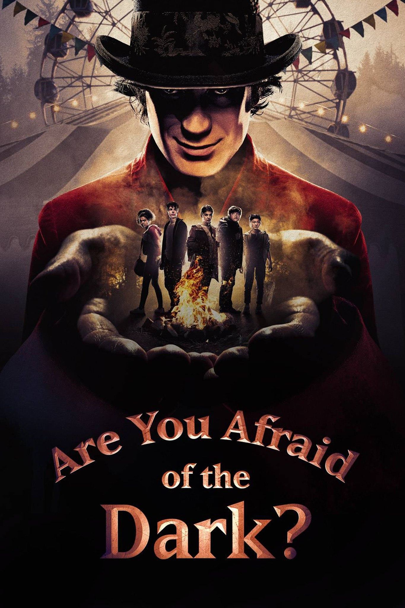 Poster da série Caverna do Medo, mostrando crianças em volta de uma fogueira.