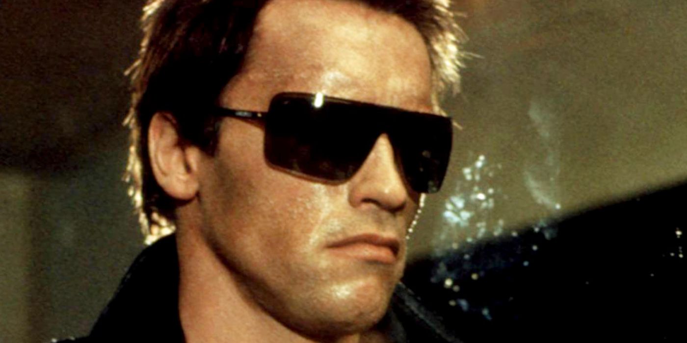 Arnold Schwarzenegger as the T-800 looking sideways in The Terminator.