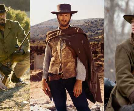 Разделенное изображение фильмов "Django Unchained", "Хороший, плохой и Угорь", "True Grit"