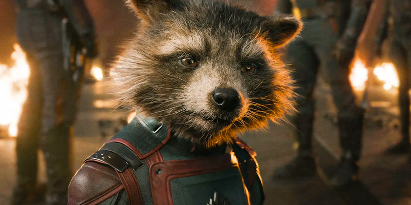 bradley cooper's rocket raccoon in gotg 3 looking offscreen