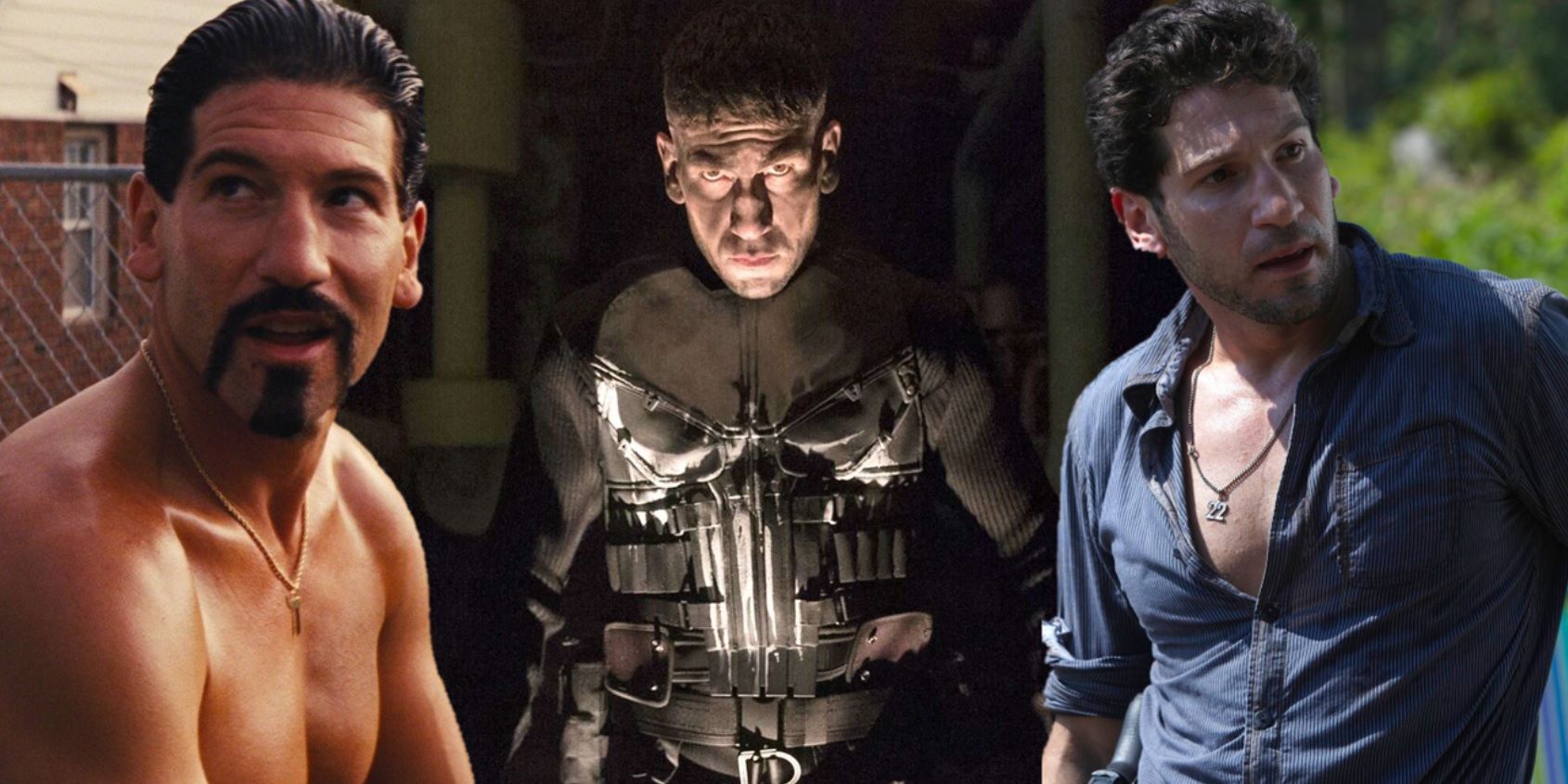 Collage of Jon Bernthal in The Wolf of Wall Street, The Punisher, and The Walking Dead