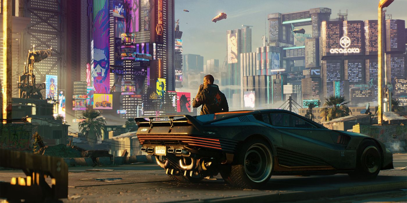 Man V stands by car overlooking the city at night with Cyberpunk 2077 promotional art