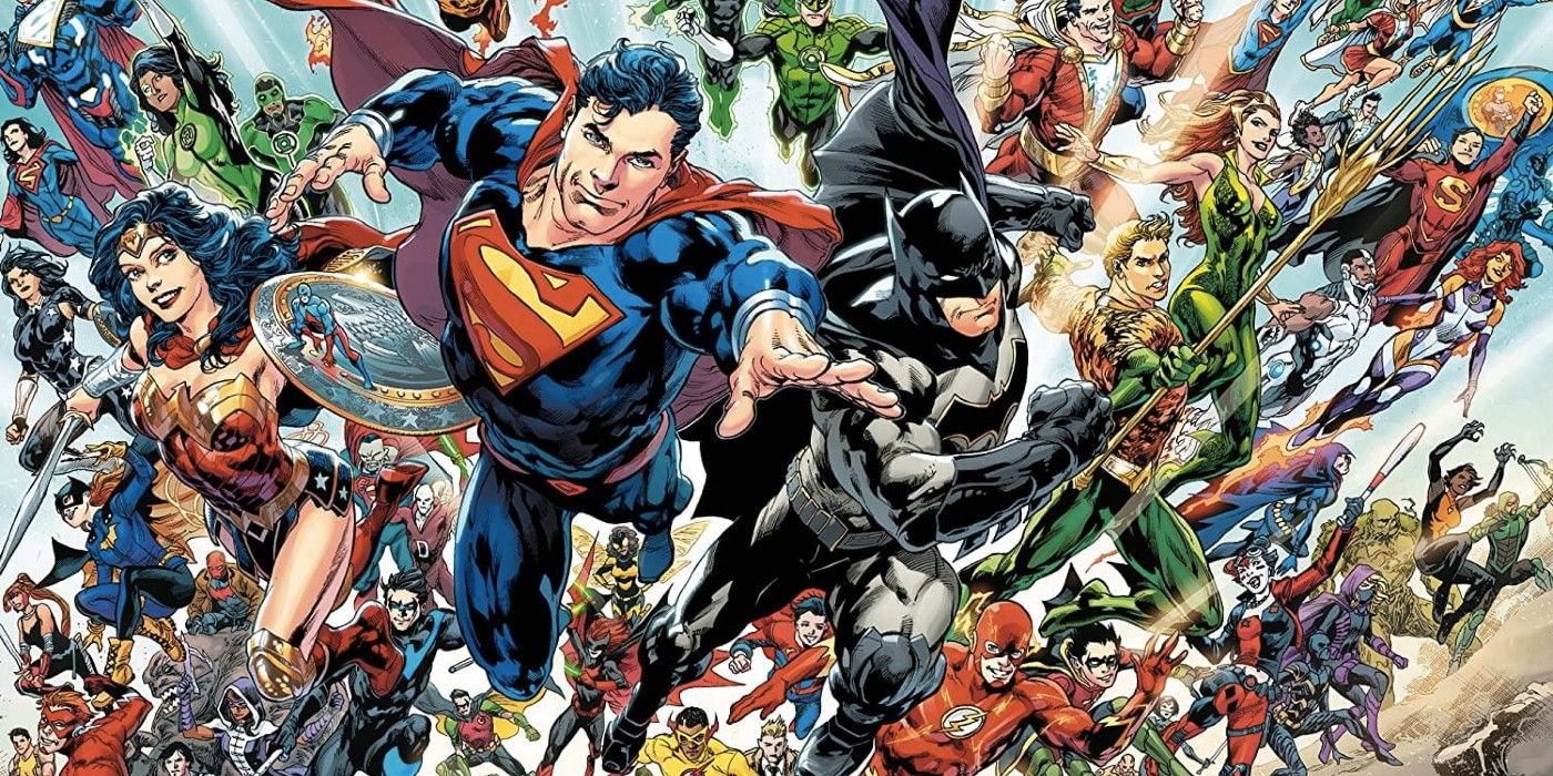 Comic book art: A massive legion of DC Superheroes, led by Superman and Batman, charging forward.