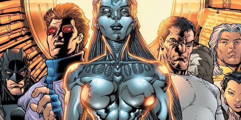 DC Comics panel of The Authority with The Engineer at the center.