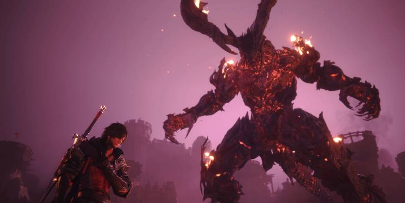FF16's Ifrit looms over Clive, who is clutching his chest and looking contemplative.
