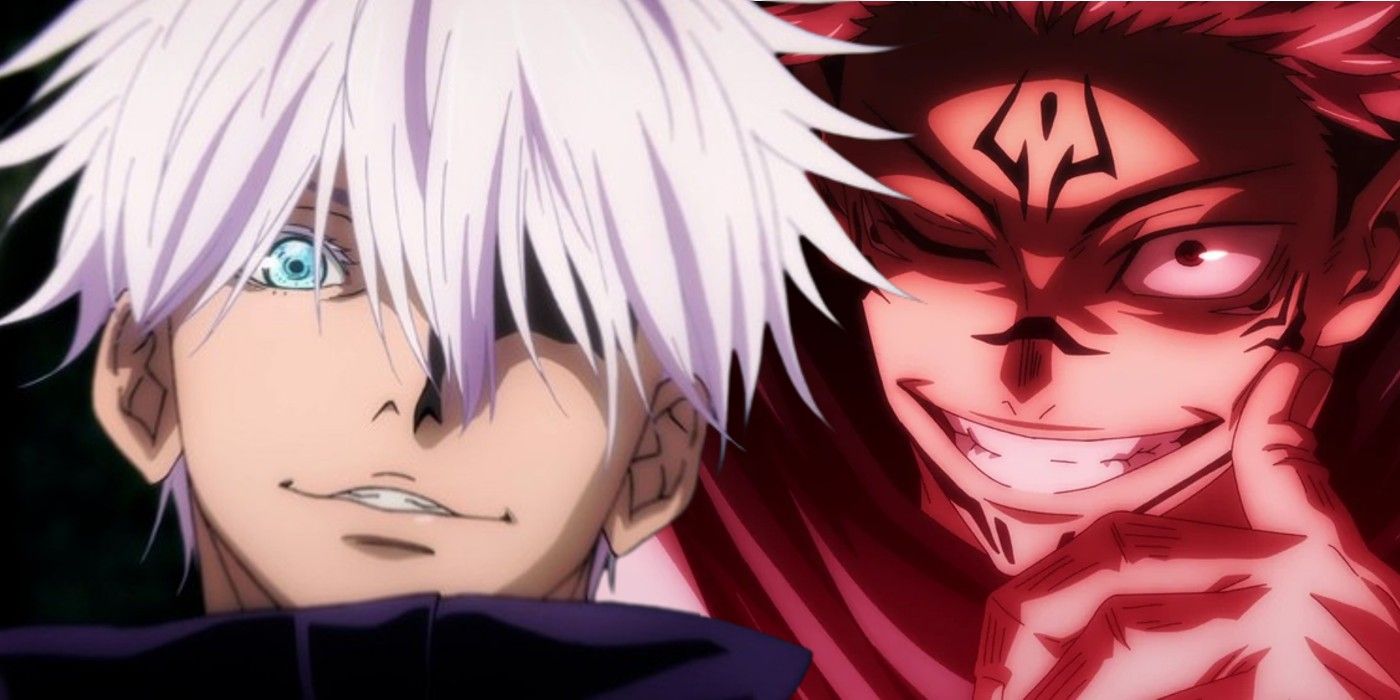 Гёджо улыбается, сняв повязку на глазах, и Сукуна улыбается, приложив палец к щеке из Jujutsu Kaisen