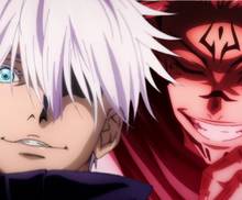 Гёджо улыбается, сняв повязку на глазах, и Сукуна улыбается, приложив палец к щеке из Jujutsu Kaisen