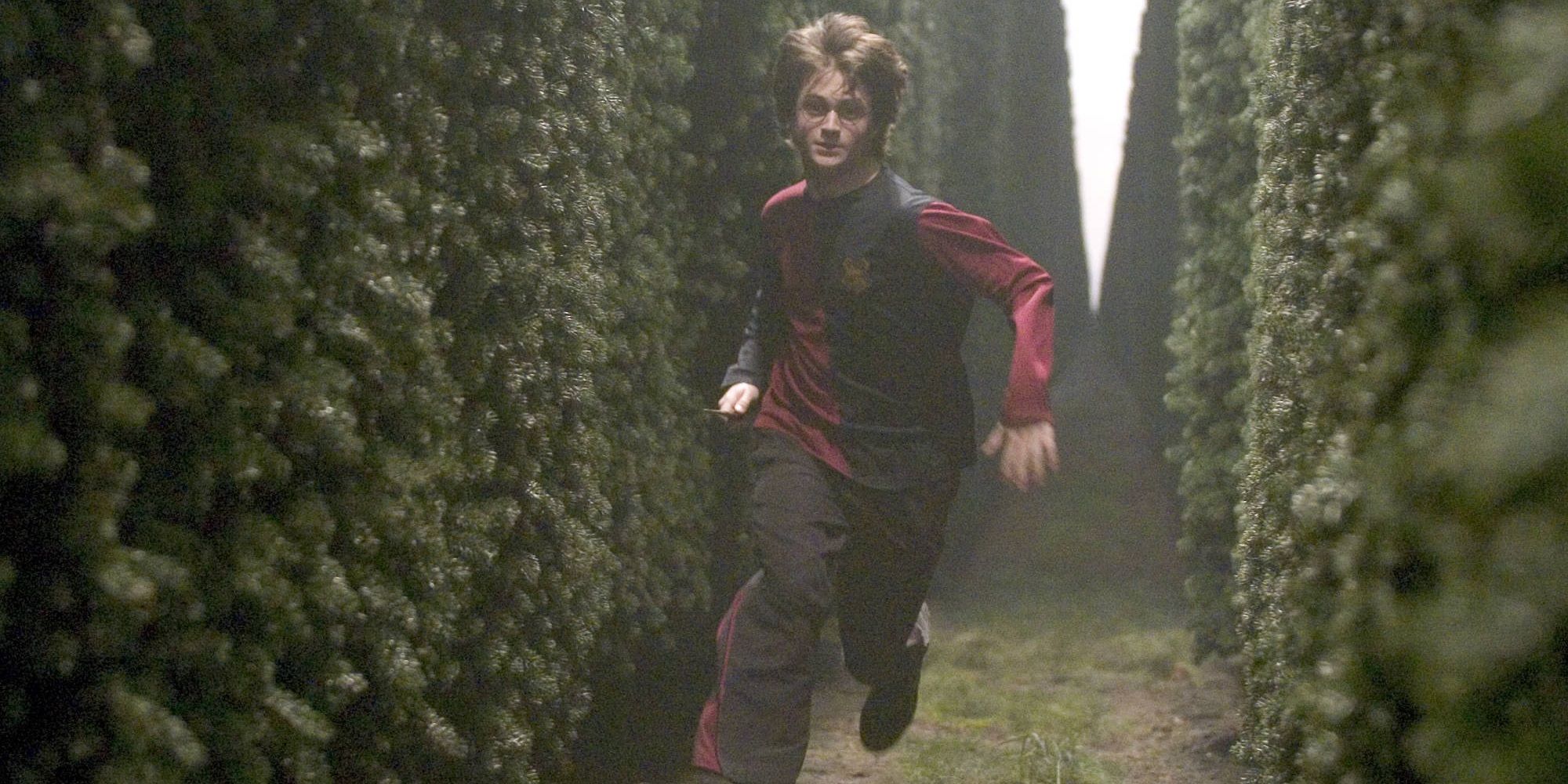 Harry running through a maze in Harry Potter and the Goblet of Fire