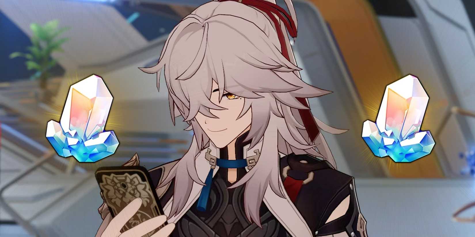 Джинь Юань из Honkai Star Rail смотрит в свой телефон. Рядом с ним - Stellar Jades, каждый со желтым светом.
