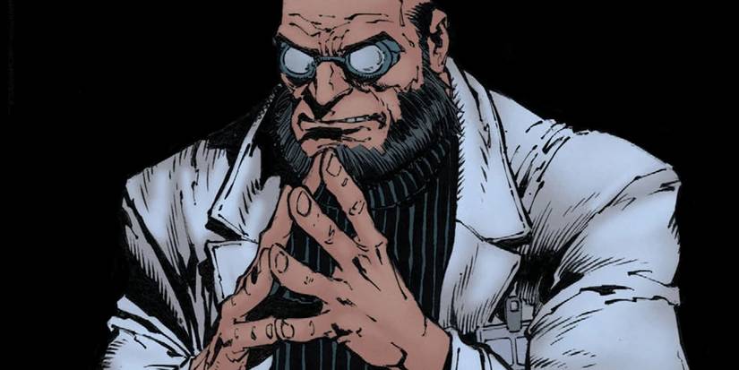 Hugo Strange plotting, surrounded by darkness.