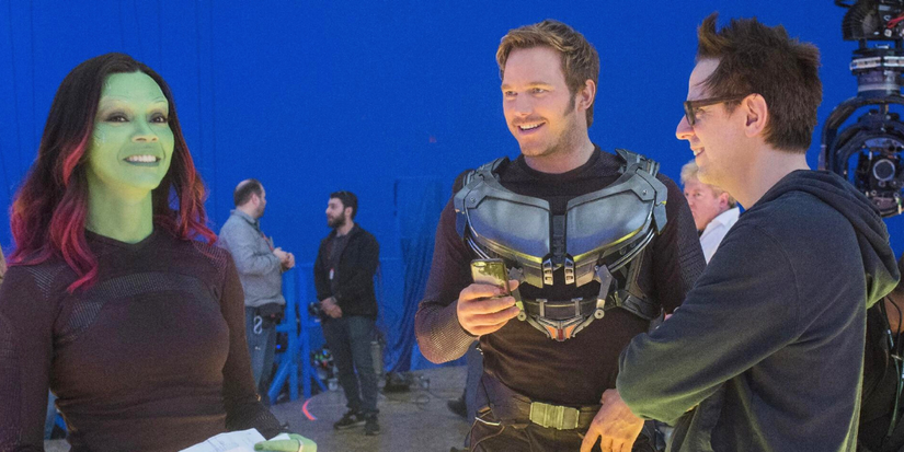 James Gunn, Chris Pratt e Zoe Saldana no set de Guardiões da Galáxia 2