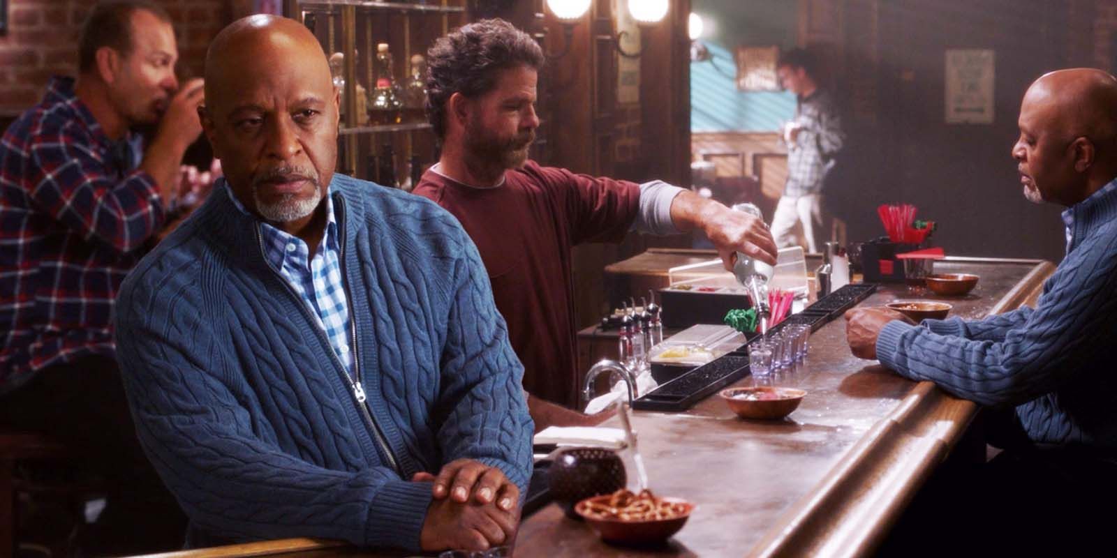 James Pickens Jr. as Richard Webber sitting at a bar looking defeated in Grey's Anatomy season 15 episode 7.