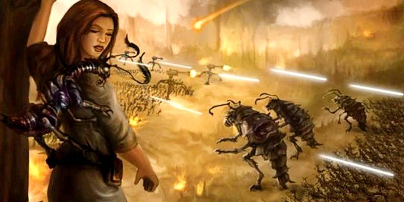 A woman looking at warring bug-like aliens with a bug on her back in Star Wars.