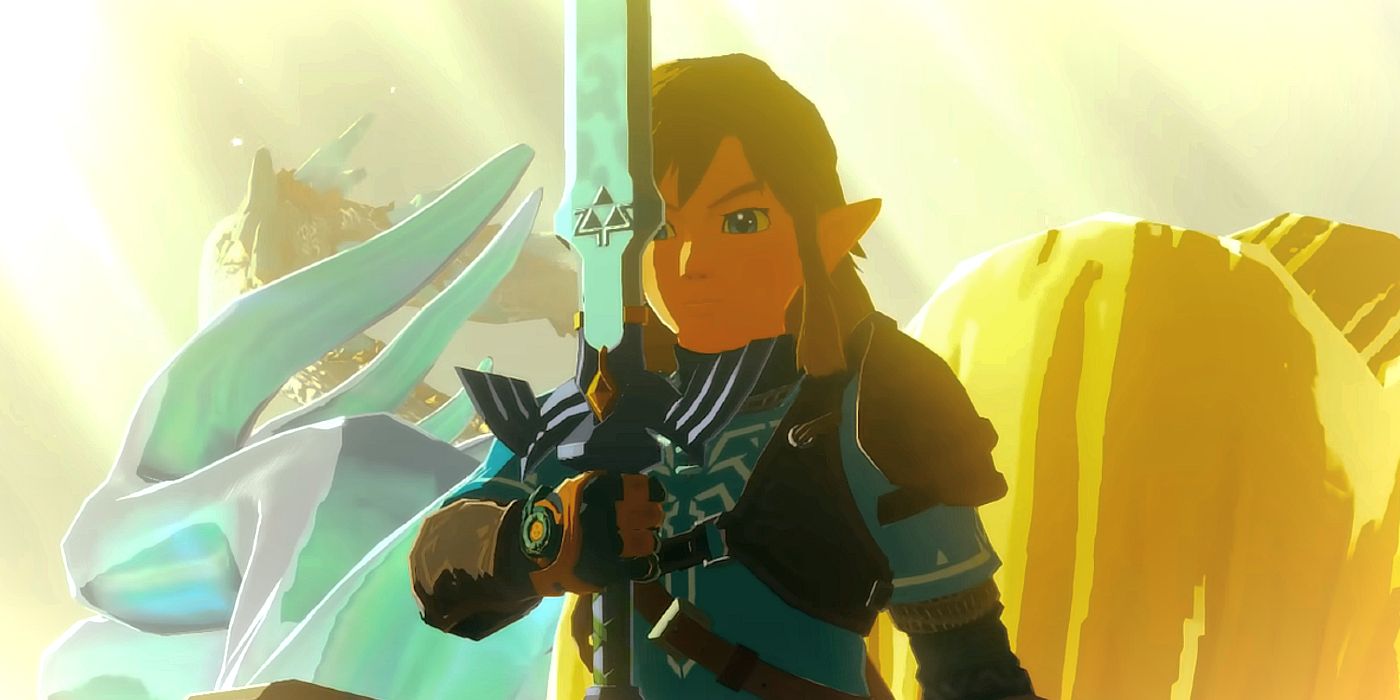 Link berdiri di atas Zelda dalam wujud naganya dan memegang Master Sword di depan wajahnya di Zelda: Tears of the Kingdom.