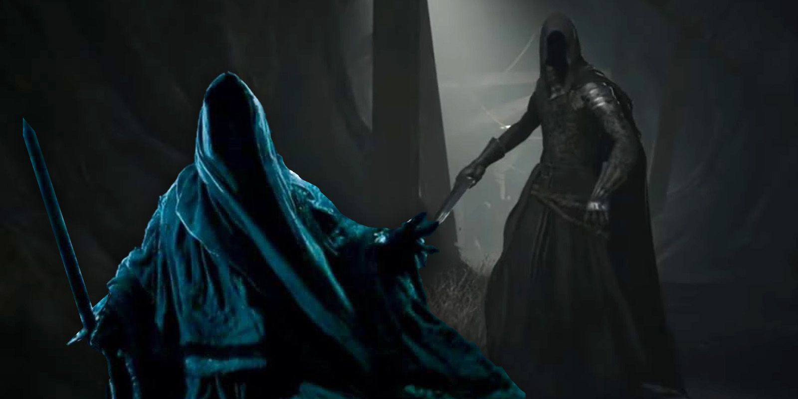 Image comparing the appearance of a Ringwraith from The Fellowship of the Ring to The Lord of the Rings Gollum.