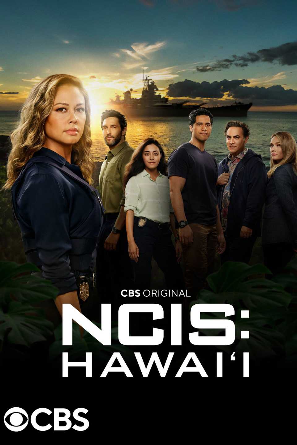 The cast of NCIS: Hawai'i poses on beach front above show title