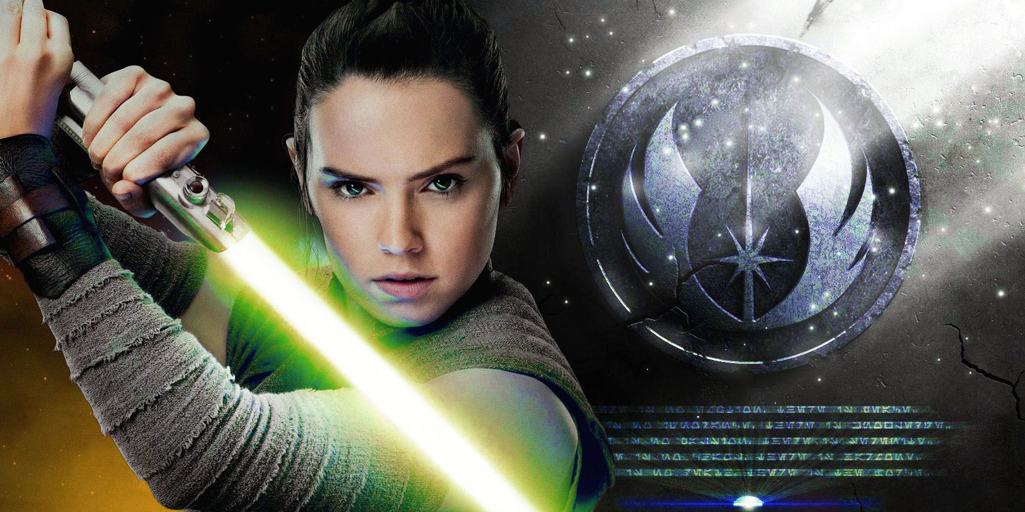 Rey wielding a yellow lightsaber to the left and the Jedi symbol with markings beneath it to the right