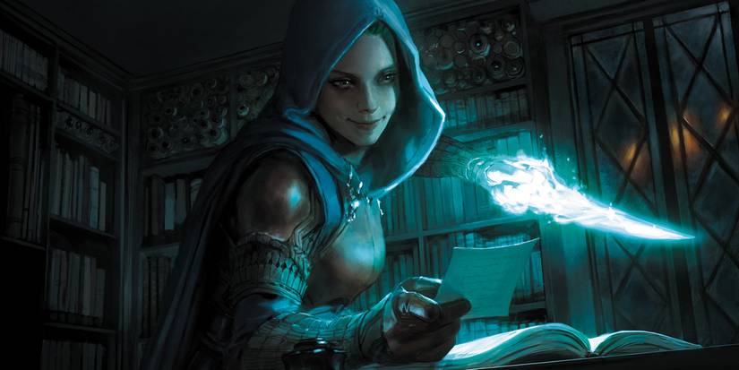 5 D&D Subclass Combinations Everyone Should Try At Least Once 1 Soulknife Rogue reading a note inside of a library with a Psychic Blade in one hand.