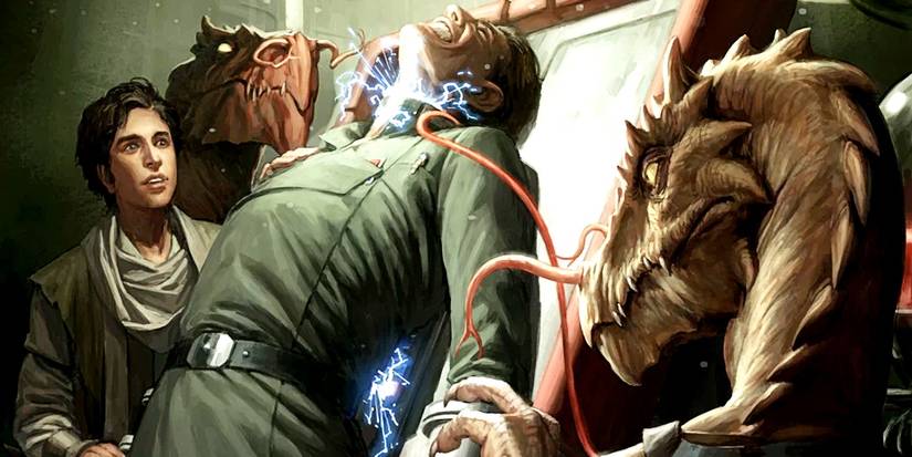 Ssi-ruuk, reptilian aliens torturing a human in Star Wars.