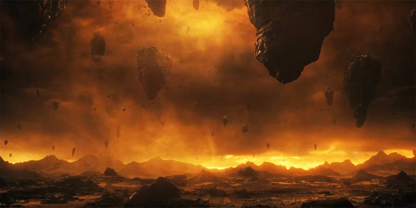 A fiery landscape in the original Upside Down in Stranger Things