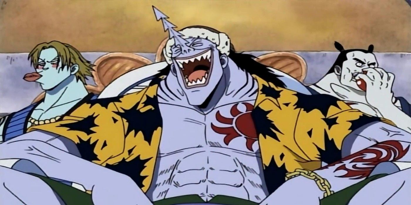 One Piece's Arlong laughs aside two of his lackeys.