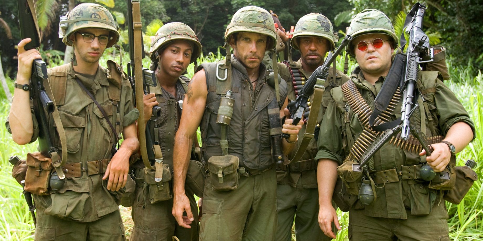 The cast of Tropic Thunder in the jungle