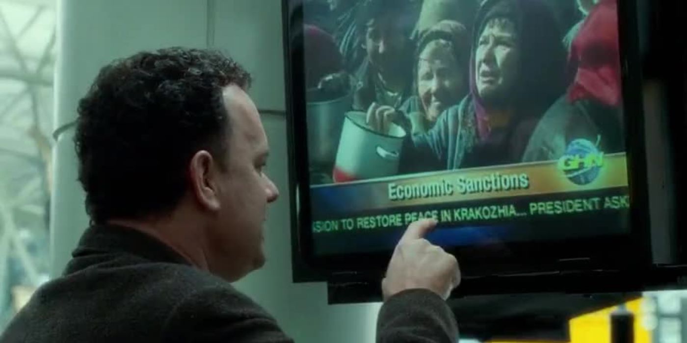 Tom Hanks pointing at a TV in The Terminal