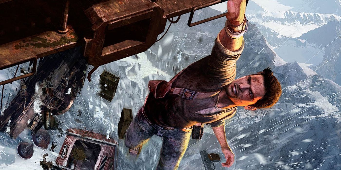 Nathan Drake hangs from a falling train over snowy mountains in Uncharted 2's opening scene