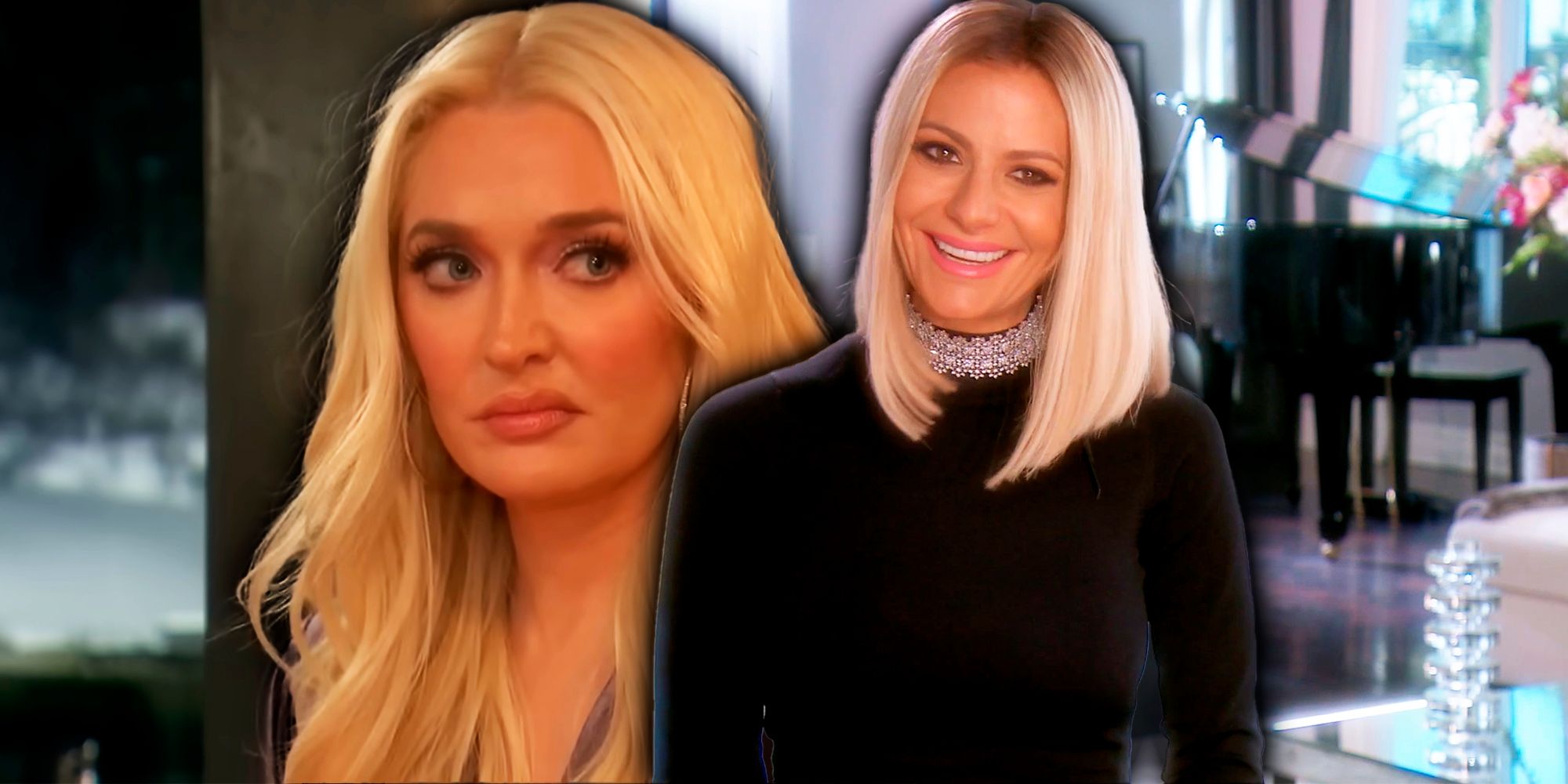 Erika Jayne looking disgusted and Dorit Kemsley smiling, from The Real Housewives of Beverly Hills