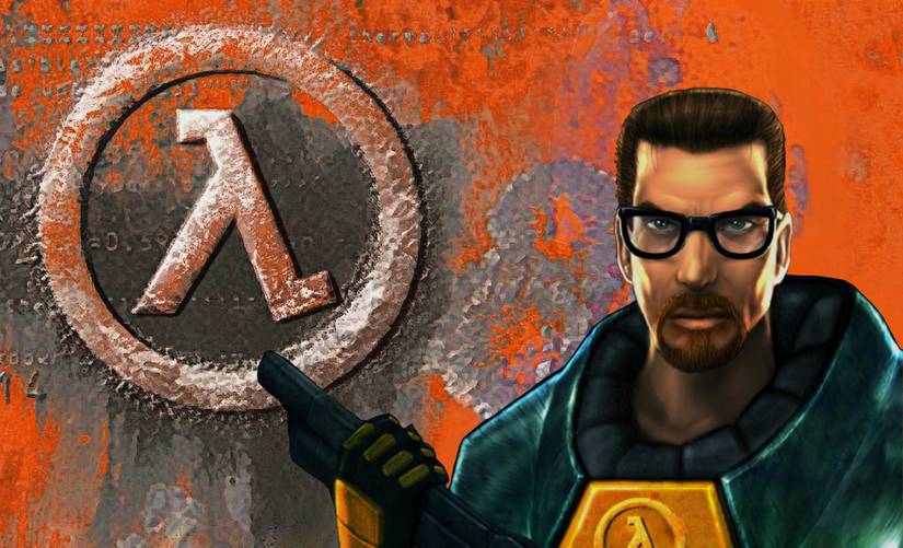 Half-Life protagonist Gordan Freeman faces the camera. The background of the image is the game's logo.