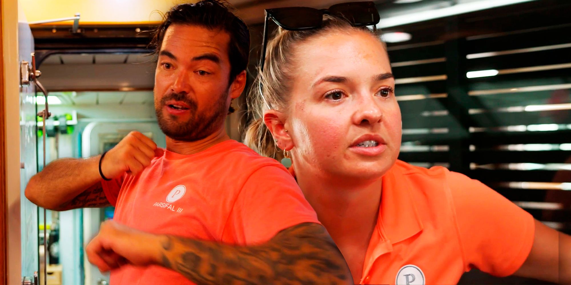 Below Deck Sailing Yacht's Daisy Kelliher and Colin MacRae in orange uniforms montage with yacht interior background