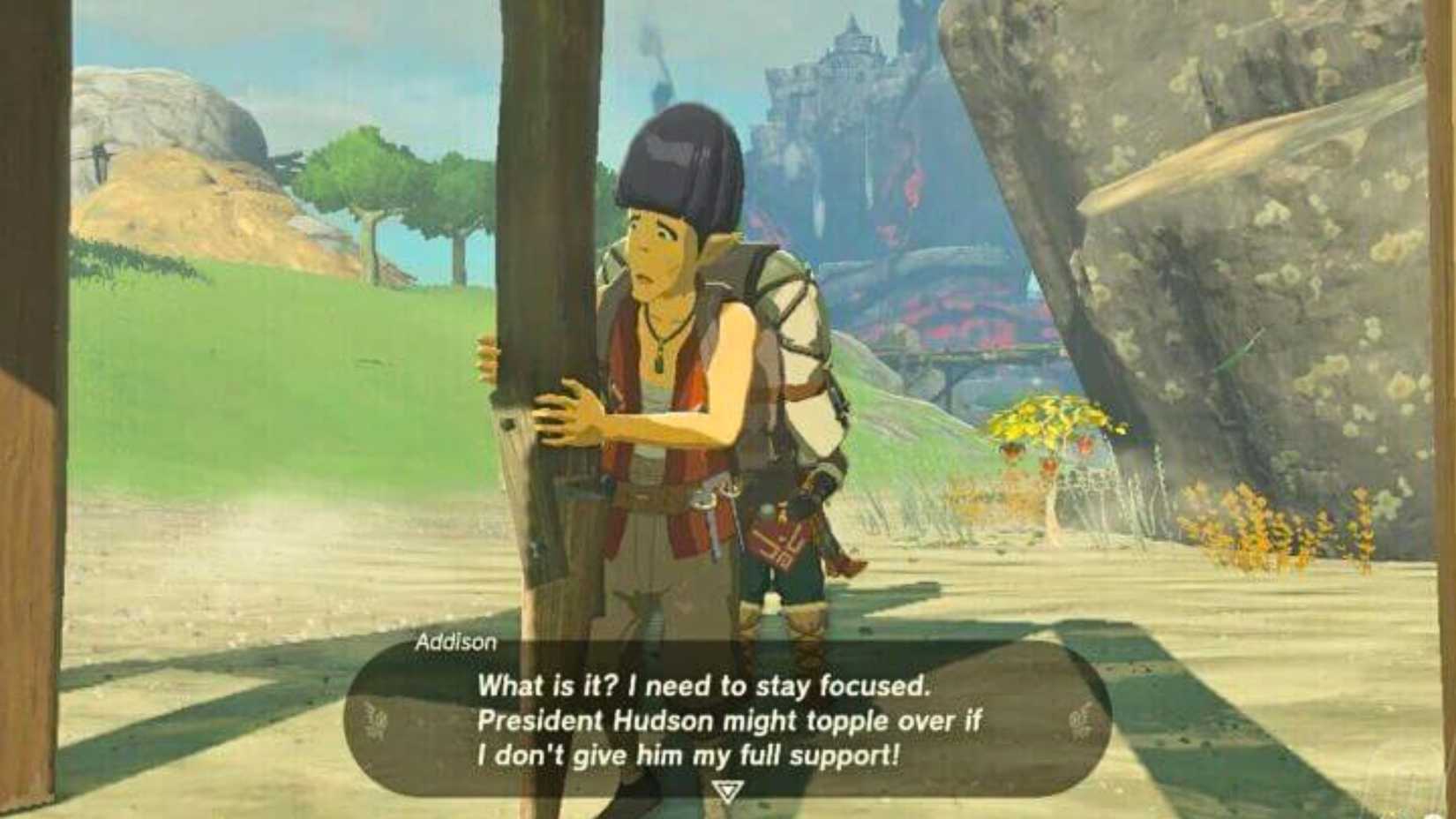 Addison holding up a sign in Zelda TOTK