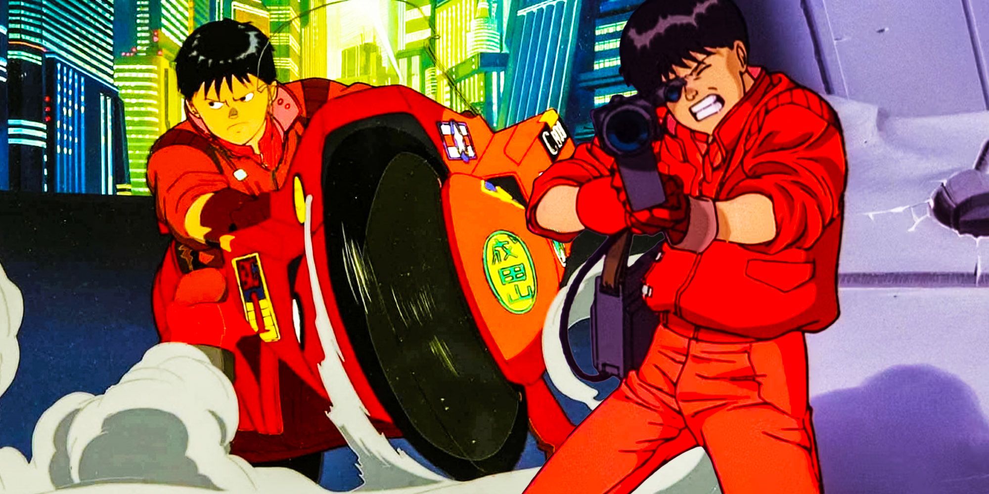 Kaneda riding a bike and firing a gun in Akira
