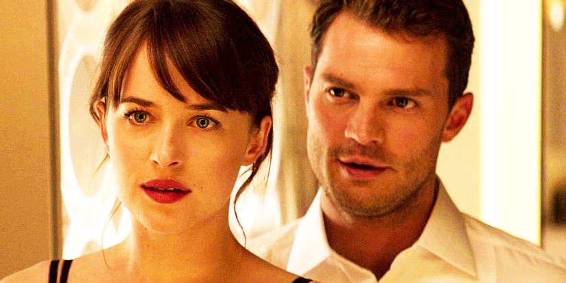 Ana and Christian talking while both facing camera in Fifty Shades Darker