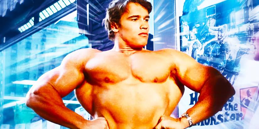 Blended image of Arnold Schwarzenegger posing in his bodybuilding days