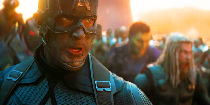 Chris Evans as Captain America on the battlefield with the other Avengers in Endgame